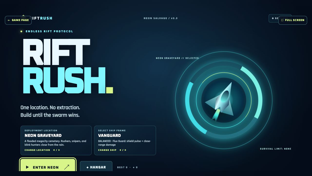 Rift Rush game menu showing the Neon Graveyard deployment